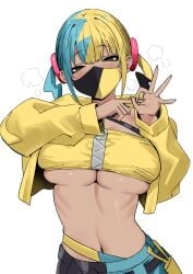 1girls bandeau black_eyes black_mask blonde_hair blue_hair breasts canari_(pokemon) canary_(pokemon) commentary_request criss-cross_halter female female_only game_freak gesture gyaru halterneck highres jacket kusogaki large_breasts long_sleeves looking_at_viewer mask mouth_mask multicolored_hair nintendo penetration_gesture pokemon pokemon_legends:_z-a simple_background sky_(freedom) solo streamer suggestive suggestive_gesture twintails two-tone_hair two-tone_mask two-tone_pants underboob white_background yellow_jacket yellow_mask