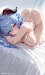 ai_generated ass_up bed blue_hair breasts female ganyu_(genshin_impact) genshin_impact goat_horns lying_on_breasts nipples_visible_through_clothing see-through_clothing see-through_leotard slombert