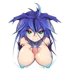 >:) ahoge blue_hair breasts commentary eyebrows_visible_through_hair female fur green_eyes hair_between_eyes heart heart-shaped_pupils highres large_breasts looking_at_viewer monster_girl_encyclopedia nanostar nipples paizuri penis raijuu_(monster_girl_encyclopedia) simple_background smile solo_focus symbol-shaped_pupils upper_body white_background