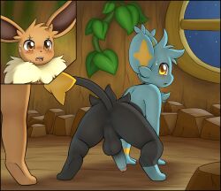 all_fours ambiguous_gender anthro anus backsack balls ballsack big_ears black_balls black_body black_border black_fur blue_body blue_fur blue_penis blush border brown_body brown_eyes brown_fur cheek_tuft cutaway detailed_background digital_media_(artwork) duo eevee embarrassed facial_tuft female female_(lore) flaccid friendlyfeesh fur generation_1_pokemon generation_4_pokemon genitals glans head_tuft hi_res humanoid_genitalia humanoid_penis inside isolde_(bokurei) leaf light_(bokurei) looking_at_another looking_back male male_focus night nintendo nonbinary_(lore) nude open_mouth penis perineum pink_glans plant pokemon pokemon_(species) raised_tail rear_view shinx sky solo_focus star starry_sky tail tongue tuft vines walk-in window yellow_eyes