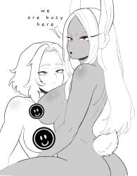 2d 2d_(artwork) 2d_artwork 2girls annoyed annoyed_expression annoyed_face annoyed_female ass big_breasts boku_no_hero_academia bra breasts bunny_ears bunny_girl bunny_tail cleavage color colored english_text evoltodraw female female/female female_focus female_only heroine heroine/villainess interrupted interrupted_sex kaina_tsutsumi lady_nagant large_breasts light-skinned_female light_skin long_hair looking_at_viewer medium_hair miruko muscular muscular_female my_hero_academia pink_highlights purple_eyes purple_hair red_eyes rumi_usagiyama sideboob sitting sketch smile smiling smiling_at_viewer sole_female superheroine text thick thick_hips thick_legs thick_thighs tsutsumi_kaina voluptuous voluptuous_female white_hair white_hair_female yuri
