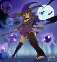 1girls background barefoot breasts embarrassed_female female feuerz full_moon gastly giratina haunter hex_maniac human litwick looking_at_viewer night pokegirl pokemon purple_eyes purple_hair self_upload short_skirt spiral_eyes wind_lift witch_costume woobat zubat