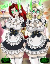 absurdres antenna aurora_(jabberwocky) big_breasts blonde_hair breasts cleavage expressionless female female_only fembot femsub fit fit_female glowing glowing_eyes green_eyes holly_the_dolly_(hollydolly) huge_breasts hypnosis large_breasts large_lips long_hair maid maid_headdress maid_uniform original red_hair robot robotization standing standing_at_attention symbol_in_eyes tech_control text thighhighs thighs tray wide_hips wind-up_key zorro-zero
