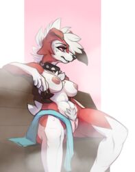 1girls anthro breasts canine claws collar eyelashes female furry half-closed_eyes lycanroc midnight_lycanroc muscular muscular_female nintendo nipples nude pokemon pokemon_sm pussy red_eyes red_fur serpentine-drifter sitting solo sweat thick_thighs towel video_games wet white_fur