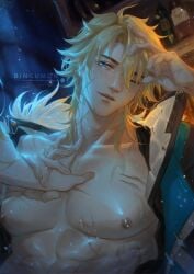 1boy 1other abs artist_name bingumon black_jacket blonde_hair blue_eyes blue_jacket bottle collarbone fingernails fur-trimmed_jacket fur_trim genshin_impact hair_between_eyes half-closed_eye hand_on_another's_chest hand_up highres holding_another's_wrist indoors jacket light-skinned_male lips looking_at_another male male_focus male_only muscular muscular_male nipples one_eye_closed open_clothes open_jacket open_mouth other_with_male pectorals scar scar_on_face short_hair sidelocks smile solo solo_focus sparkle teeth two-sided_fabric two-sided_jacket varka_(genshin_impact)