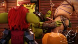 16:9 3d_(artwork) 5_fingers areola armor ass bandage barn_(palewdasarts) being_watched belly berserker big_breasts big_ears biped blowjob bottomwear breasts chainmail clothed clothing cock digital_media_(artwork) ear_piercing ear_ring fantasy fellatio female female_humanoid fingers genitals giant_hammer goblin goblin_female green-skinned_female green_body green_skin hair hammer hi_res holding_object holding_weapon huge_breasts human human_male humanoid karah_(palewdasarts) light-skinned_male light_skin loincloth looking_at_another magic_user male male/female mammal markings mina_(palewdasarts) mostly_nude_human mostly_nude_male muscular muscular_female muscular_humanoid nipple_piercing nipples nude_humanoid oral oral_sex orc orc_female oversized_weapon paladin palewdas_arts palewdasarts_(modeler) penis penis_lick piercing red_hair ring_piercing short_stack shortstack size_difference slightly_chubby tagme tavern tools tribal tribal_markings tribal_spellcaster unconvincing_armor weapondruid widescreen yellow_eyes