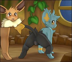all_fours ambiguous_gender anthro anus big_ears black_body black_border black_fur blue_body blue_fur blush border brown_body brown_eyes brown_fur cheek_tuft cutaway detailed_background digital_media_(artwork) duo eevee embarrassed facial_tuft female female_(lore) female_focus friendlyfeesh fur generation_1_pokemon generation_4_pokemon genitals head_tuft hi_res humanoid_genitalia humanoid_vulva inside isolde_(bokurei) leaf light_(bokurei) looking_at_another looking_back night nintendo nonbinary_(lore) nude open_mouth plant pokemon pokemon_(species) pussy raised_tail rear_view shinx sky solo_focus star starry_sky tail tongue tuft vines vulva walk-in window yellow_eyes