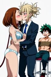 2girls 2girls1boy ai_art ai_generated blonde_hair boku_no_hero_academia bondage bra cleavage cuck cucked_by_lesbian cuckold deku dominant_female female himiko_toga izuku_midoriya kissing leash lesbian_kiss male midoriya_izuku my_hero_academia ochako_uraraka panties scars scars_on_chest smile submissive_female submissive_male suit_and_tie threesome throuple tied_to_chair tied_up tied_up_male toga_himiko topless_female underwear uraraka_ochaco uraraka_ochako uravity watching yuri