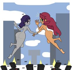 2girls alien alien_girl annoyed_expression ass big_ass big_breasts big_butt big_hips blue_sky breasts camera casual cloud dc dc_comics female flying forehead_jewel green_eyes grey_skin happy huge_ass huge_breasts huge_butt human large_ass large_breasts multiple_girls nipples pale_skin public purple_eyes purple_hair rachel_roth raven_(dc) red_hair starfire straight_hair teen_titans text thick_thighs wide_hips