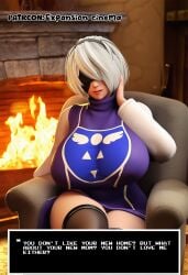1girls 2b_(nier:automata) 3d artist_request big_breasts blindfold breasts cosplay english_text expansion_cinema female female_only fireplace huge_breasts large_breasts mommy_kink nier nier:_automata nier_(series) short_hair text toriel toriel_(cosplay) toriel_(undertale) undertale undertale_(series) white_hair yorha_2b