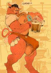 2025 5_fingers alcohol anthro background_character ball_slip balls barely_contained barely_contained_penis beer beverage big_balls big_penis black_hair bodily_fluids body_hair bottomwear bovid bovine cattle clock clothed clothing condom disembodied_hand english_text erebonbon erection facial_piercing filled_condom fingers fur genitals glass hair happy_trail hi_res himbo_hooters holding_glass holding_object hooves krys_(thatbullkrysk) lactating lactating_in_cup male male_lactation mammal muscular muscular_male nipple_piercing nipple_ring nipples nose_piercing nose_ring open_mouth open_smile orange_body orange_fur pecs penis penis_poking_out piercing red_nipples ring_piercing sexual_barrier_device shorts simple_background skimpy smile solo speech_bubble standing sweat text vein watch wearing_condom yellow_background