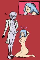 1boy 1girls artstyle_imitation blowjob blowjob_gesture blowjob_only blue_eyes blue_hair blue_hair_female coat demon demon_boy demon_humanoid first_porn_of_character flat_colors glasses heart heart_symbol hells hells_angels holding_head kneeling kneeling_female maledom maledom/femsub monster penis purple_body purple_eyes resurrection_of_monstress rinne rinne_amagane ryu_kutou short_hair sillyvixen smirk smirking smirking_at_partner straight sucking sucking_penis suprised_look surprised surprised_expression younger_female