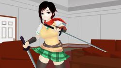 1girls asuka_(senran_kagura) asuka_(senran_kagura)_(cosplay) black_hair black_hair_female clothed_female couch crossover female katana marvelous pose posing red_highlights rooster_teeth ruby_rose rwby senran_kagura silver_eyes solo_female theblackbirdcalls