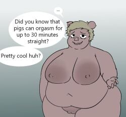 anthro areola big_areola big_breasts breasts domestic_pig female mammal nude overweight overweight_female oxkingky sherry_p_chops smile solo suid suine sus_(pig) text
