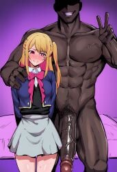 1boy abs ai_generated arms_behind_back black_vest blonde_hair blue_jacket blush bow bowtie breasts closed_mouth clothed_female_nude_male collared_shirt cropped_jacket cuckold dark-skinned_male dark_skin faceless female grey_skirt grin hoshino_ruby huge_cock interracial jacket large_penis long_hair long_sleeves looking_at_penis mismatched_pupils muscular muscular_male netorare nude one_side_up open_jacket penis pink_bow pink_bowtie pink_eyes pubic_hair school_uniform shirt skirt smile star-shaped_pupils star_\\\\(symbol\\\\) straight symbol-shaped_pupils testicles uncensored v veins veiny_penis very_dark_skin vest white_shirt youtou_high_school_uniform zeulzin