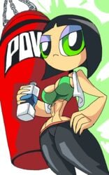 1girls aged_up big_breasts black_hair bottle breasts busty buttercup_(powerpuff_girls) cartoon_network chains cleavage curvy detailed_background eyeshadow female female_only front_view green_eyes half-closed_eyes hand_on_hips hands_on_hip hands_on_hips holding_object hourglass_figure human hyper_eyes looking_at_viewer manic47 midriff powerpuff_girls punching_bag shiny shiny_skin short_hair solo sports_bra standing superheroine tight_pants toonami voluptuous wide_hips yoga_pants