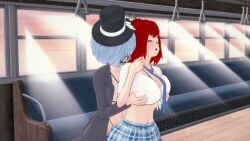 3d 3d_(artwork) ayanami_rei blue_eyes blue_hair breast_grab chikan disguise female kairi kingdom_hearts koikatsu koikatsu_(medium) neon_genesis_evangelion red_eyes red_hair rei_ayanami schoolgirl self_upload train yuri