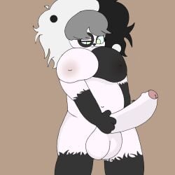 abyss_arts afro anthro balls bear belly big_balls big_breasts big_penis black_body black_fur breasts foreskin fur genitals giant_panda green_eyes herm holding_penis intersex mammal multicolored_body navel nervous nervous_smile overweight paws penis simple_background slightly_chubby solo white_body white_fur yin_yang
