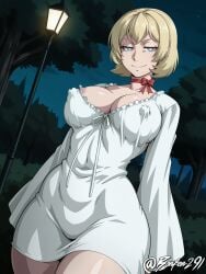 a-pose ai_generated areolae_slip bible_black bible_black_new_testament blonde_hair blue_eyes bonfen291 breasts cleavage covered_nipples female half-closed_eyes huge_nipples jody_crowley lamppost looking_at_viewer medium_breasts night nightgown park ribbon_choker self_upload short_hair smile solo standing white_dress