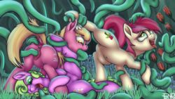 2016 absurd_res anatomically_correct anatomically_correct_pussy animal_genitalia animal_pussy anus areola ass blonde_hair bondage bound cutie_mark daisy_(mlp) earth_pony equine equine_pussy female femsub feral friendship_is_magic grass green_eyes green_hair group hair hi_res hooves horse lily_valley_(mlp) lying mammal multicolored_hair multiple_girls multiple_subs my_little_pony one_eye_closed open_mouth oral oral_penetration penetration pony ponypron pussy restrained roseluck_(mlp) sex spread_legs spreading tentacle tentacle_in_mouth tentacle_sex tongue vaginal_penetration