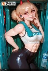 abs ai_generated blonde_hair bottle brand_name_imitation breasts dollmaker dollmaker_(artist) earrings female hair_between_eyes horns long_hair looking_at_viewer muscular muscular_female orange_eyes patreon_logo patreon_username power_(chainsaw_man) red_horns smile solo sports_bra tagme teeth toned water_bottle yellow_eyes