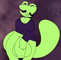 alien anthro big_penis bottomless clothed clothing collar felid feline female fur futanari genitals green_body green_fur hi_res huge_cock hyper hyper_genitalia hyper_penis intersex lean_dog mammal penis solo