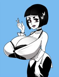 1girls black_hair black_nails blue_background bra breasts cleavage collar dwps female hairpin heart-shaped_pupils hyper_breasts large_breasts looking_at_viewer necklace smile solo white_skin