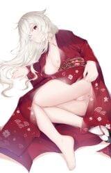absurdres akira_nagi anus bar_censor breasts censored commentary_request female haine_(summertime_render) heterochromia highres japanese_clothes kimono long_hair looking_at_viewer lying nipples on_side pussy red_eyes red_kimono sandals simple_background single_bare_foot small_breasts socks solo summertime_render white_background white_eyes white_socks