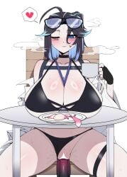 7a_(se7ena) absurdres ahoge bare_shoulders bikini bikini_bottom_aside bilingual_commentary black_bikini black_choker black_gloves black_hair blank_censor blue_eyes blue_hair blush breasts bright_pupils censored chair choker cleavage closed_mouth clothes_down clothing_aside collarbone colored_inner_hair commentary_request condom cum cup dildo english_commentary eyewear_on_head facial_mark female female_masturbation fingerless_gloves glasses gloves hair_between_eyes halterneck hand_up heart heart_facial_mark highres holding holding_cup huge_breasts looking_down masturbation mixed-language_commentary multicolored_hair multiple_condoms object_insertion one_eye_closed original pussy pussy_juice round_table sex_toy shirt shirt_down short_hair simple_background sitting skindentation solo spoken_heart spread_legs steam sweat swimsuit table thigh_strap two-tone_hair used_condom vaginal_object_insertion vaginal_penetration very_sweaty white_background white_pupils white_shirt x x_facial_mark
