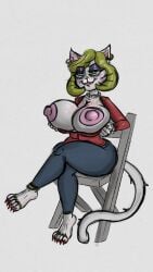 anthro barefoot big_breasts blonde_hair breasts colored_nails domestic_cat feet felid feline felis female hair hi_res jewelry mammal mature_anthro mature_female nails red_nails sitting white_body widdlywham