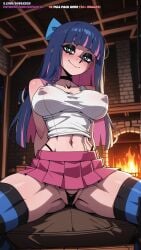 ai_generated arms_behind_back bare_shoulders black_choker black_panties blue_bow blue_eyes blue_hair blue_thighhighs blunt_bangs blush bow breasts choker closed_mouth collarbone colored_inner_hair covered_nipples crop_top female fireplace hairbow highleg highleg_panties indoors large_breasts long_hair looking_at_viewer microskirt midriff miniskirt multicolored_hair navel panties panty_&_stocking_with_garterbelt pink_hair pink_skirt pleated_skirt sitting skirt smile sofaxd3x solo spread_legs stocking_\\\\\\\\(psg\\\\\\\\) stocking_anarchy striped_clothes striped_thighhighs tank_top thighhighs thighs thong two-tone_hair underwear white_tank_top