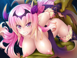 1girls 2boys anal anal_sex asahi censored demon demon_female double_penetration female horns light-skinned_female light_skin male male/female mireille_(taimanin_asagi) multiple_boys orc orc_male succubus taimanin_asagi_battle_arena vaginal vaginal_penetration vaginal_sex