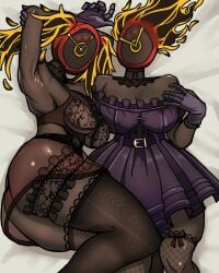 1female ani_(twitter)_(cosplay) bed big_breasts breasts clock cosplay dante_(limbus_company) laying_down limbus_company lingerie namjandy project_moon rule_63 thick_thighs