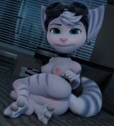 2025 3d_(artwork) absurd_res anthro ass bed blue_body blue_eyes blue_fur breasts choker digital_media_(artwork) ear_piercing ear_ring eyebrows eyelashes eyewear eyewear_on_head female fur furniture genitals goggles goggles_on_head hi_res inside insomniac_games jewelry lombax mammal melo necklace nipples on_bed piercing ratchet_and_clank ring_piercing rivet_(ratchet_and_clank) smile solo sony_corporation sony_interactive_entertainment striped_body stripes tail vulva