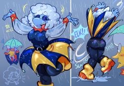 1boy 1boy1girl 1girls almguav ass background_character belly big_ass big_breasts big_butt blue_body blue_skin breasts bubble_ass bubble_butt cleavage clothed clothing deltarune deltarune_chapter_3 elnina_(deltarune) female lanino_(deltarune) male panties thong underwear