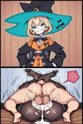 1boy 1boy1girl 1girls ahoge ai_generated balls_deep bell black_bow blonde_hair bow clothed_female_nude_male cum ejaculation excessive_cum from_behind green_eyes hairclip hapticmaniac hat human impregnation indoors instant_loss_2koma jacket large_testicles leg_lock legs_up light-skinned_female light_skin mating_press medium_hair millie_parfait nijisanji nijisanji_en orange_sweater plaid_skirt ripped_clothing self_upload skirt smug straight sweater tagme testicles tights virtual_youtuber vtuber witch_hat