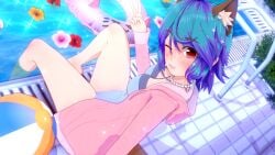 3d benji_(senpien’t) blue_hair breasts dog_ears dogboy dyed_hair freckles freckles_on_face grin jacket kemonomimi koikatsu looking_at_viewer male necklace oc original_character pool poolside purple_hair red_eyes senpien’t smiling_at_viewer swimsuit transmasc wink winking_at_viewer