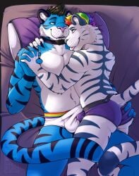 2025 anthro arm_around_partner artist_name athletic athletic_male balls bed_sheet bedding belly black_body black_fur black_hair black_stripes blue_body blue_eyes blue_fur blue_nose blue_stripes briefs bulge bulge_frottage clothed clothing cobalt_tiger cuddling duo erection erection_under_clothing eye_contact facial_hair felid felix_(cobalttiger) fur genitals goatee hackfurs hair hand_holding hand_on_partner's_butt hi_res inner_ear_fluff intraspecies looking_at_another male male/male mammal markings mostly_nude_male multicolored_hair navel neck_markings pantherine pillow pink_nose purple_briefs purple_clothing purple_underwear rainbow_colors rainbow_hair signature slightly_chubby slightly_chubby_male smile straddling stripes text tiger tight_clothing tight_underwear tongue tongue_out tuft under_covers underwear underwear_only whisker_spots white_body white_fur white_inner_ear_fluff