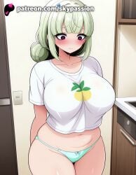 1girls 2025 ai_assisted ai_generated anime araga_kiwi artist_name bangs big_breasts big_breasts big_breasts big_chest blunt_bangs blush bra_visible_through_clothes breast breasts breasts breasts bust busty chest collarbone curvy eyebrows_visible_through_hair female green_hair green_panties gushing_over_magical_girls hi_res high_quality high_resolution highres indoors large_breasts long_hair mahou_shoujo_ni_akogarete navel panties patreon patreon_username purple_eyes shirt skindentation skypassion solo stable_diffusion thick_thighs underwear watermark wide_hips