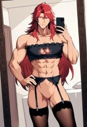 ai_generated anima_tensor anima_tensor_pro animatensor animatensor_pro black_lingerie cat_lingerie featureless_crotch hand_on_hip indoors lingerie long_hair male mirror no_genitals no_penis null red_hair selfie stockings tensor_art tensorart