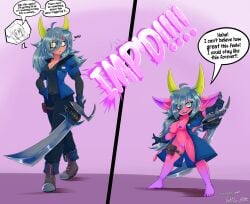 2025 absurd_res boots bottomwear breasts clothing dialogue digital_media_(artwork) english_text female footwear gender_transformation genitals gloves growth handwear hi_res holding_melee_weapon holding_object holding_sword holding_weapon horn horned_humanoid humanoid humanoid_pointy_ears imp jacket little_b0t male melee_weapon mtf_transformation navel nipples not_furry pants pointy_ears pussy red_body shirt shoes short_stack short_stackification shrinking simple_background size_transformation smile solo spade_tail species_transformation standing sword tail tail_growth text topwear transformation vulva weapon