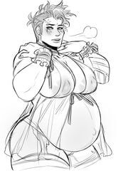 2d belly big_belly blizzard_entertainment blush female large_breasts lingerie monochrome muscular muscular_female orangekissess overwatch pregnant sketch solo zarya