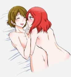 2girls bed_sheet blush breasts brown_hair closed_eyes couple cute female female/female female_only finger_to_another's_mouth koizumi_hanayo love_live! love_live!_school_idol_project medium_breasts medium_hair navel nishikino_maki nude nude_female on_bed purple_eyes red_hair short_hair smile sweatdrop syutaro_(fireworks) white_background wholesome wholesome_yuri yuri
