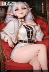 ai_generated armchair artist_name belt book breasts chair couch crossed_legs dollmaker dollmaker_(artist) earrings elf female fur_trim green_eyes indoors jewelry long_hair looking_at_viewer patreon_username pointy_ears sitting smile solo tagme twintails watermark web_address