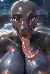 ai_generated anthro breasts close_up drooling female furry furrypornaddiction huge_breasts lizard long_tongue looking_at_viewer nipples pokemon pokemon_(species) reptile reptile_humanoid salazzle saliva salivating solo sweat sweaty tongue_out