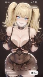 1girls ai_generated ani_grok bent_over blonde_hair blue_eyes blush bra breast_on_glass breast_press breasts choker female gloves glowing_eyes gradient_background grok grok_(x) heavy_breathing large_breasts lingerie looking_at_viewer nibba open_mouth panties see-through shiny_skin simple_background smile thighhighs twintails twitter underwear