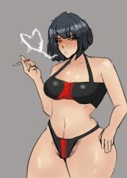 1girls black_hair bra cigarette cigarette_smoke female heart limbus_company panties project_moon red_eyes ryoshu_(limbus_company) tsutsunotsumi