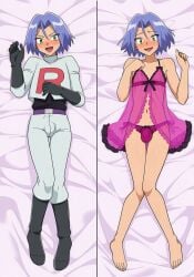 ai_generated balls blush blush_lines blushing_at_viewer bulge butt_focus crossdressing femboy femboy_focus femboysub feminine_faced_male feminine_male green_eyes james_(pokemon) lavender_hair looking_at_viewer male nipples otoko_no_ko otokonoko pokemon pokemon_(anime) pokemon_(classic_anime) pokemon_anime sexy sexy_pose sweat sweating team_rocket team_rocket_uniform testicles twink underwear