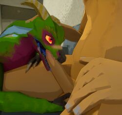 3d_(artwork) ambiguous_gender anthro ball_fondling balls claws digital_media_(artwork) duo erection fellatio fondling genitals hi_res horn human humanoid_genitalia humanoid_penis interspecies kobold kobold_dellarte kret low_poly male male_penetrating mammal nude oral oral_penetration penetration penile penis reptile scalie sex size_difference tongue