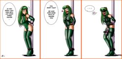 1girls arm_gloves ballgag blindfold bondage boots bound comic femsub gagged green_hair helping hitachi_magic_wand interrogation leotard nipple_vibrator straps tease text tonibabelony utter_domination vibrator